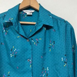 Vintage Alice Stuart Teal Bow Tie Silky Blouse Union Made Made in USA
